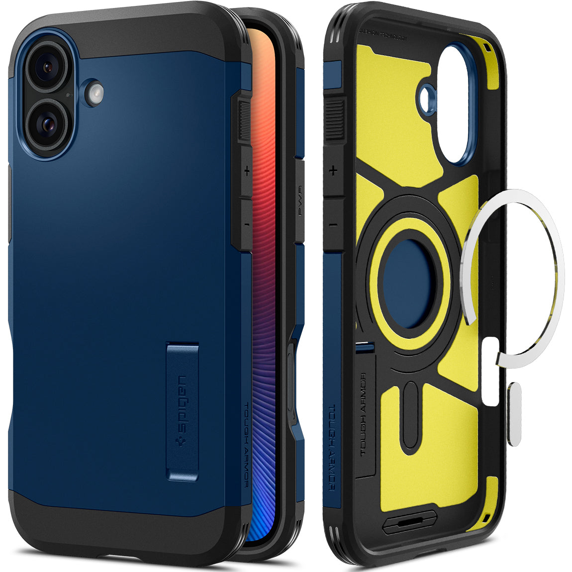 Handyhülle für iPhone 16, Spigen Tough Armor Mag mit MagSafe, Dunkelblau