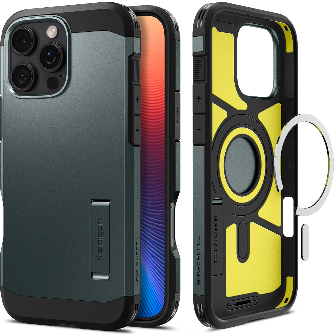 Handyhülle für iPhone 16 Pro, Spigen Tough Armor Mag mit MagSafe, Grün
