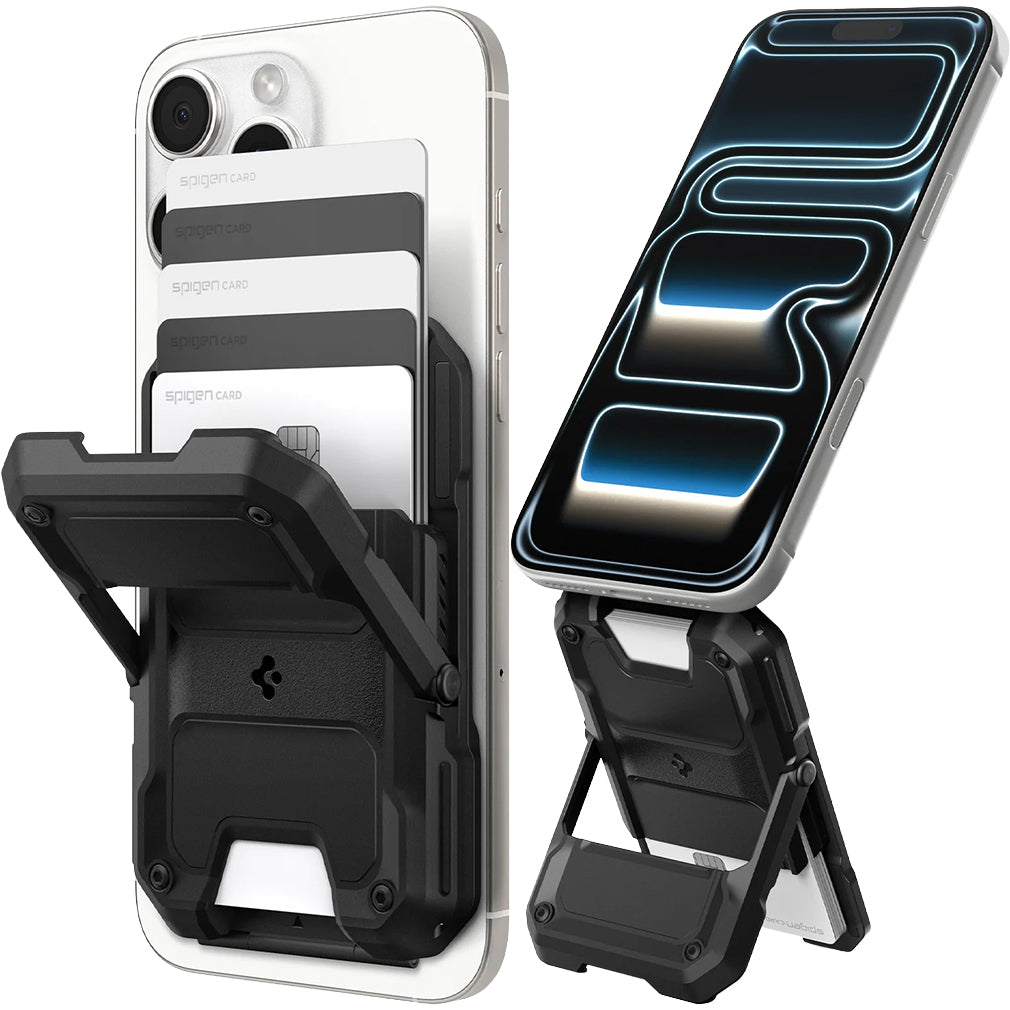 MagSafe Kartenetui mit Standfunktion und RFID-Schutz, Spigen Tough Armor Pro, Schwarz