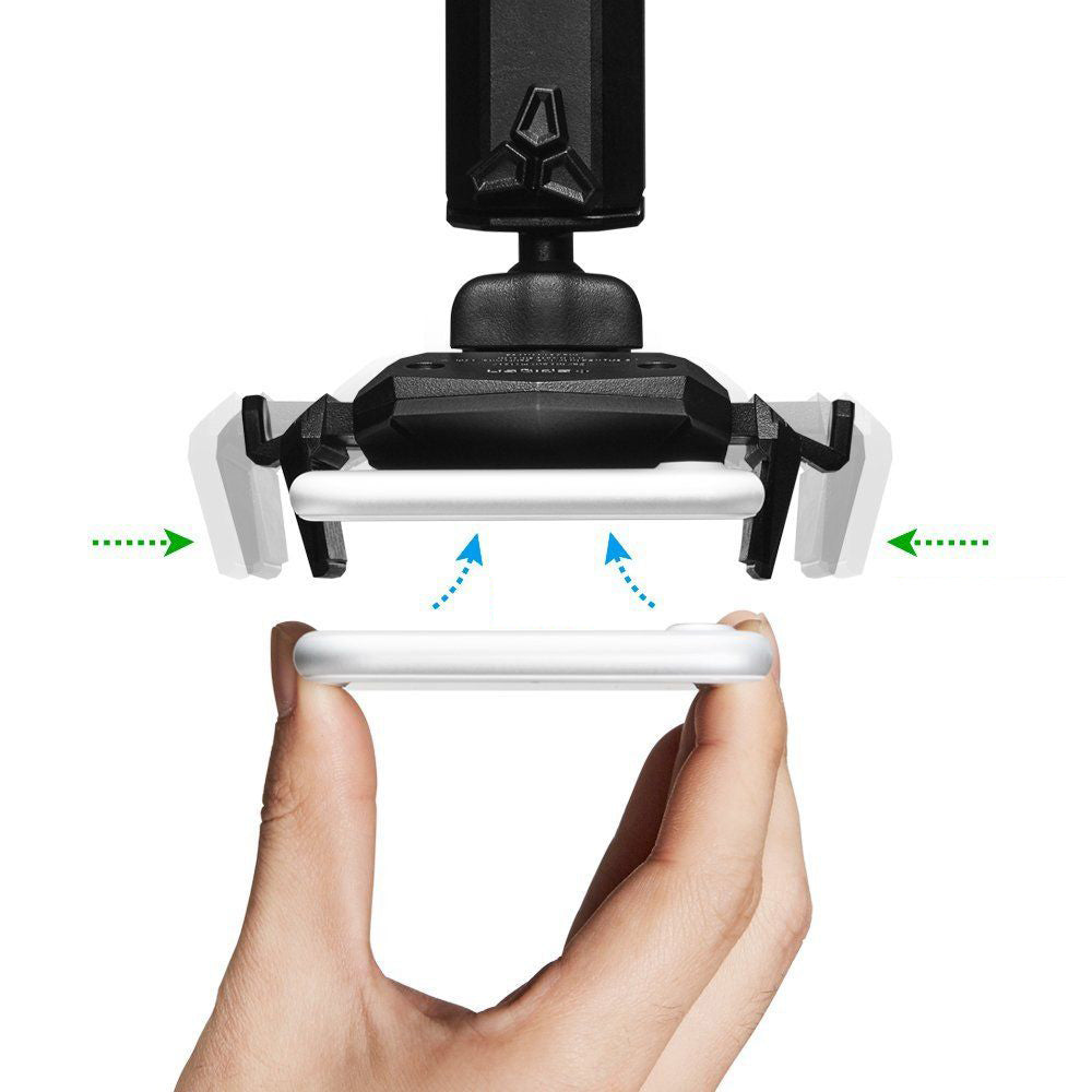 Spigen TS35 Autohalterung zeigt Smartphone-Montage mit Händen, ideal für Windschutzscheibe und Armaturenbrett, schwarz.