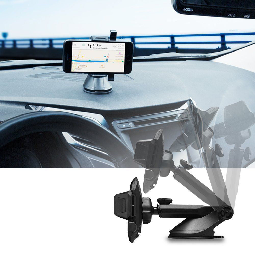 Spigen TS35 Auto Handyhalterung in Schwarz auf Armaturenbrett montiert, zeigt Smartphone mit Navigation.