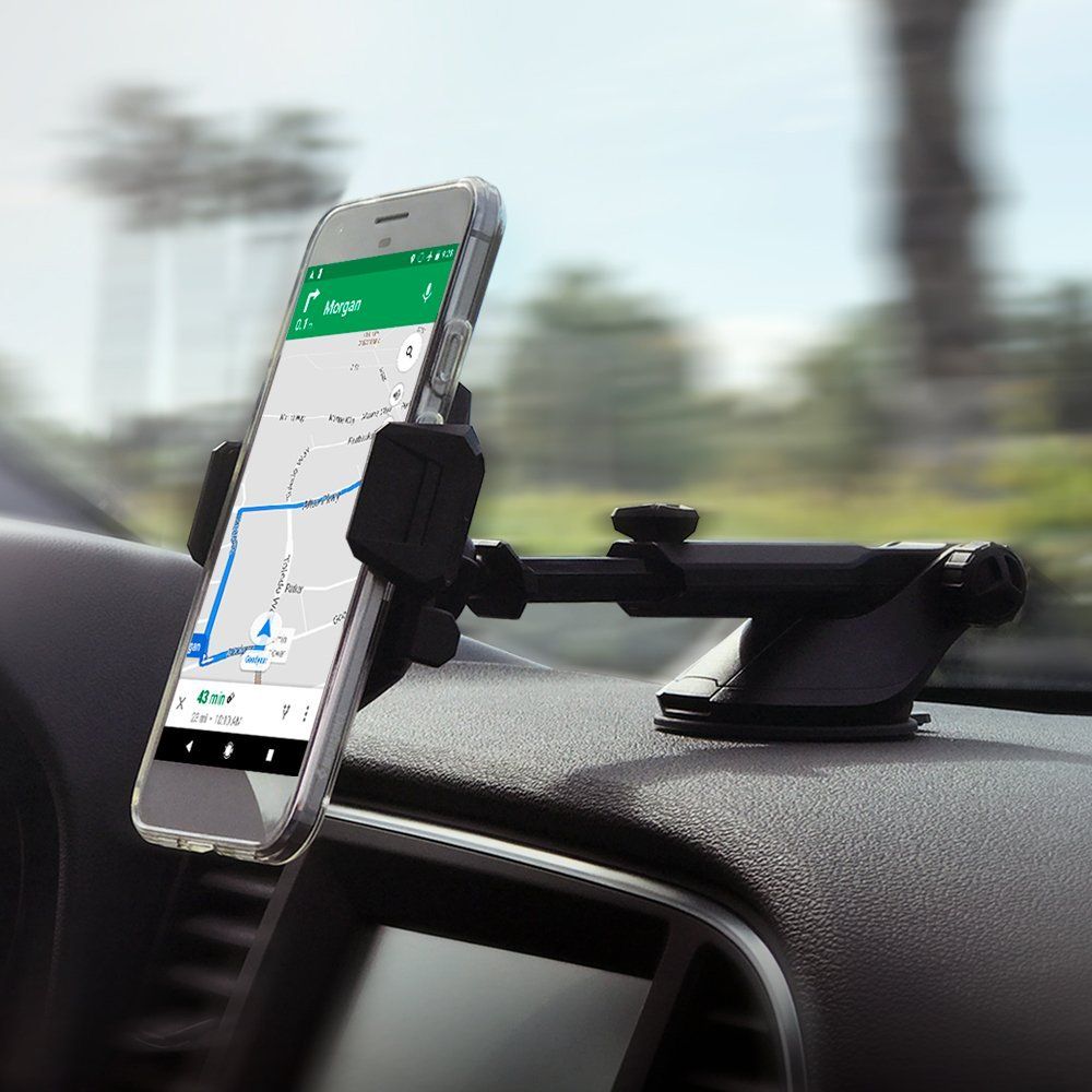 Spigen TS35 Handyhalterung auf Armaturenbrett mit Smartphone und Navigations-App, schwarz