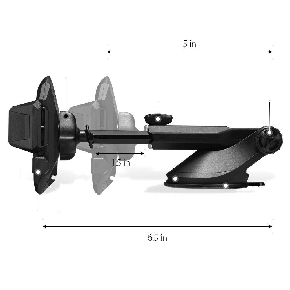 Seitenansicht der Spigen TS35 Universal-Handyhalterung mit Maßen für Windschutzscheibe/Armaturenbrett. Schwarze Auto Handyhalterung.