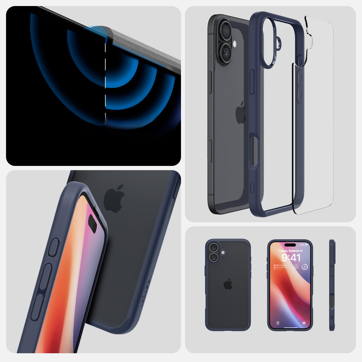 Handyhülle für iPhone 16, Spigen Ultra Hybrid, Transparent-Dunkelblau