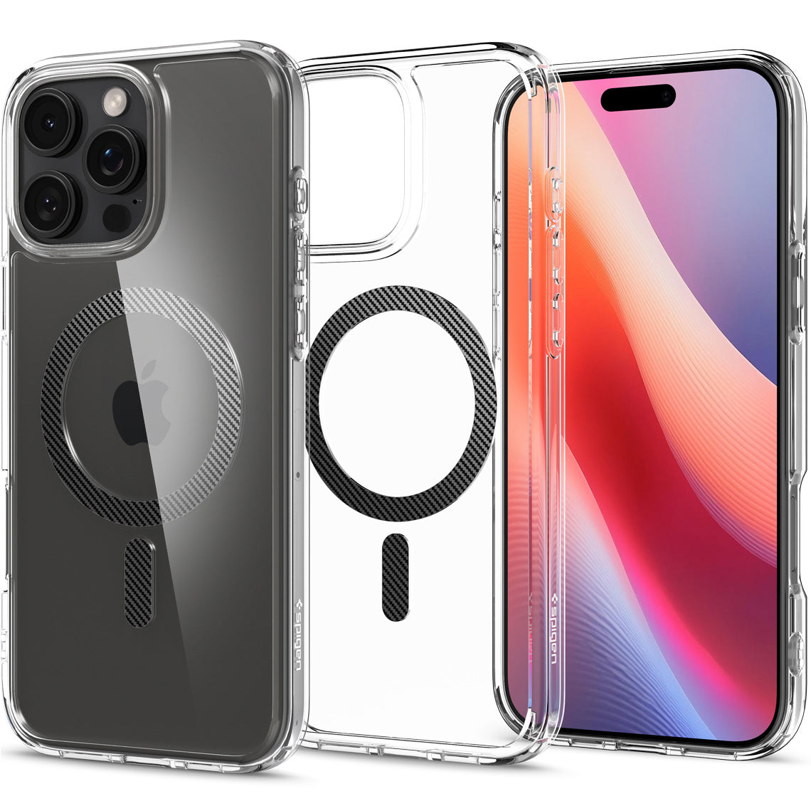 Handyhülle für iPhone 16 Pro, Spigen Ultra Hybrid Mag mit MagSafe, Transparent-Schwarz-Karbonmuster