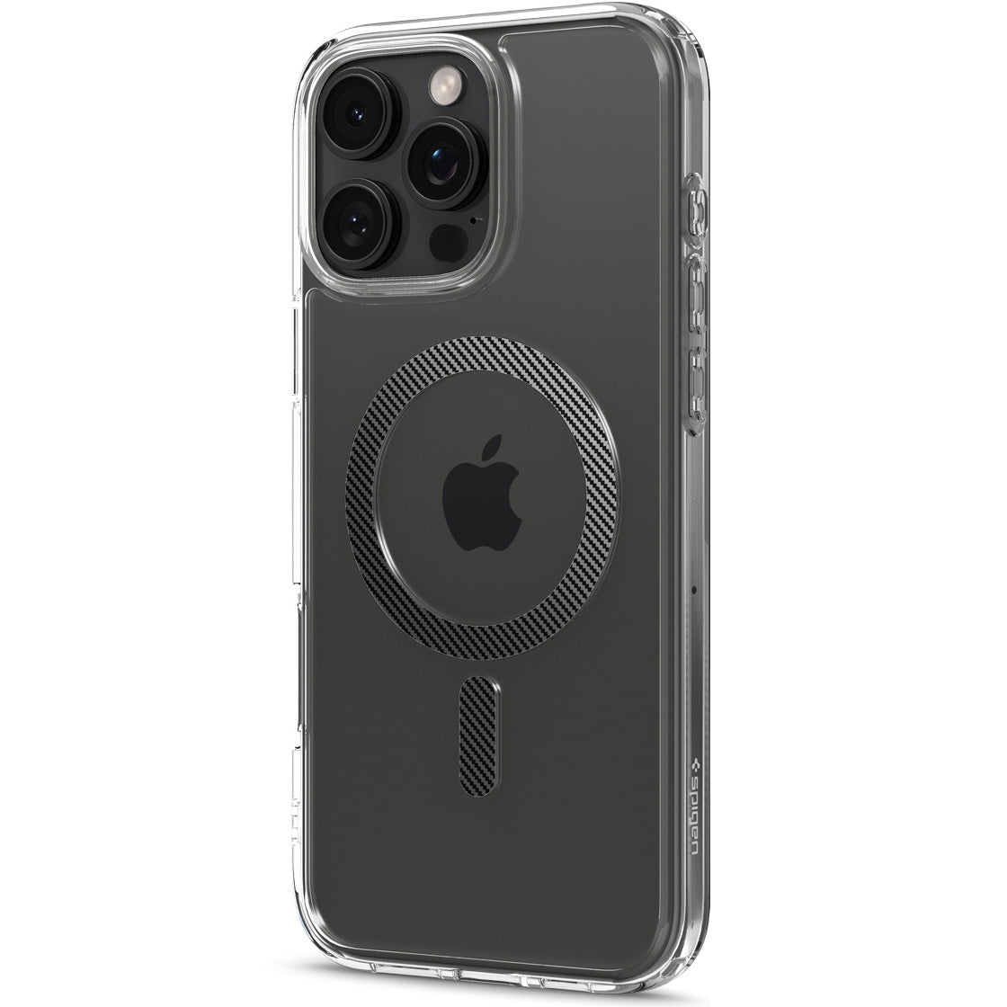 Handyhülle für iPhone 16 Pro, Spigen Ultra Hybrid Mag mit MagSafe, Transparent-Schwarz-Karbonmuster