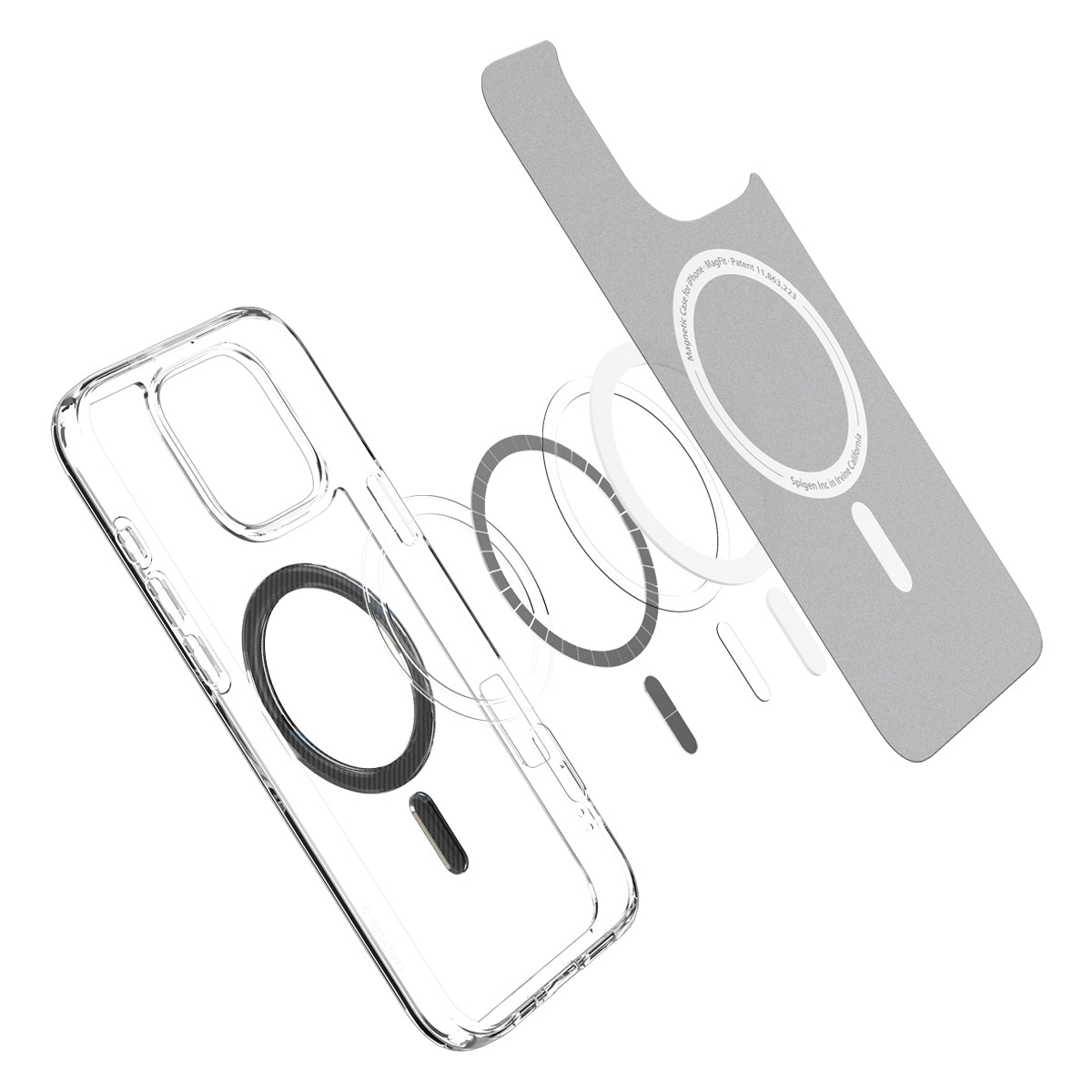 Handyhülle für iPhone 16 Pro, Spigen Ultra Hybrid Mag mit MagSafe, Transparent-Schwarz-Karbonmuster