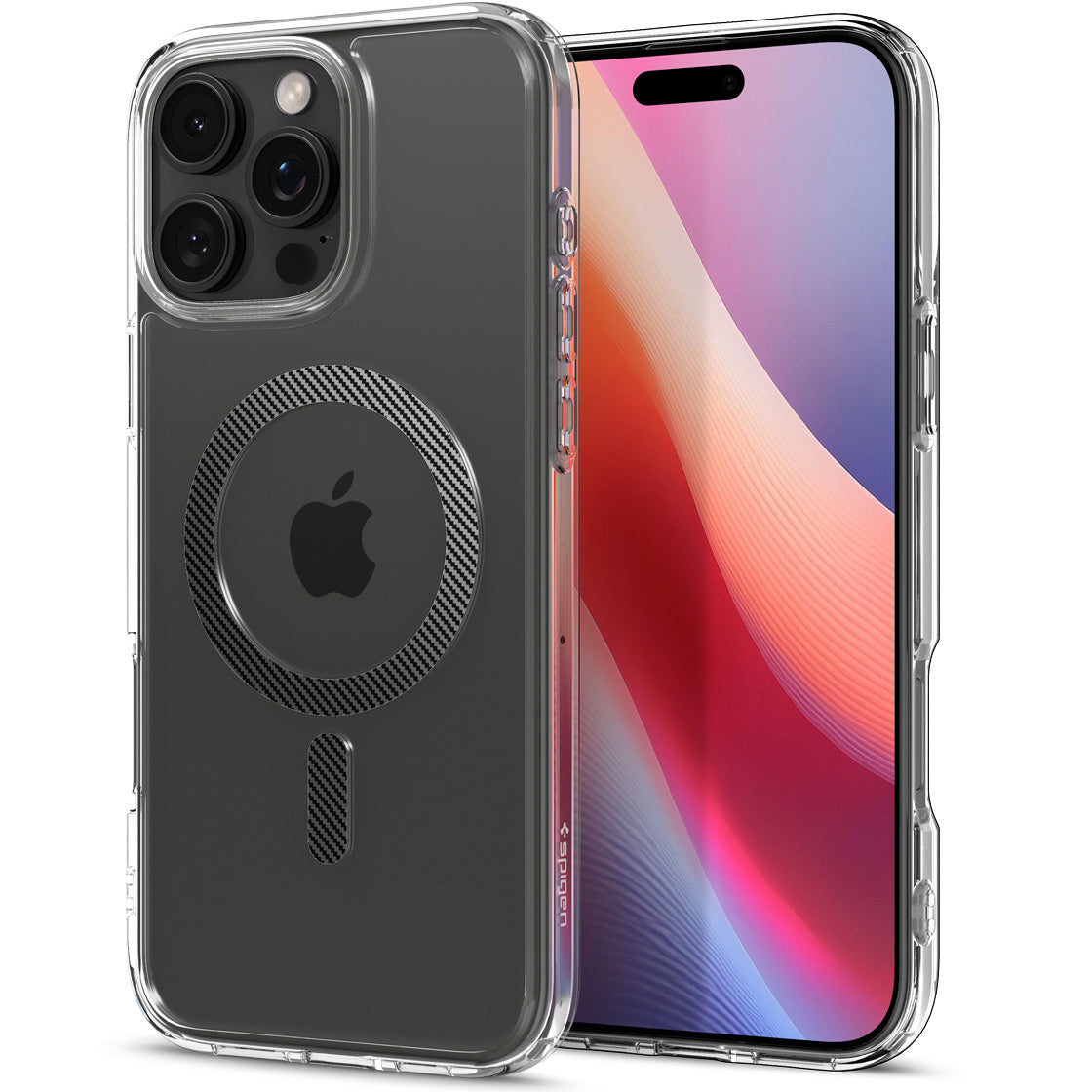 Handyhülle für iPhone 16 Pro, Spigen Ultra Hybrid Mag mit MagSafe, Transparent-Schwarz-Karbonmuster