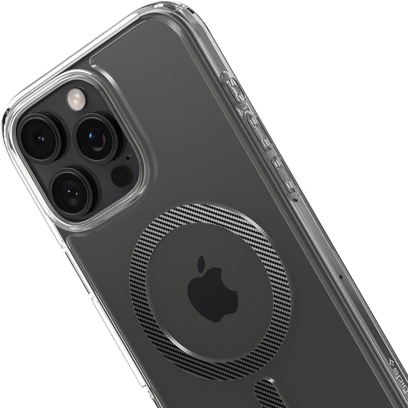 Handyhülle für iPhone 16 Pro, Spigen Ultra Hybrid Mag mit MagSafe, Transparent-Schwarz-Karbonmuster