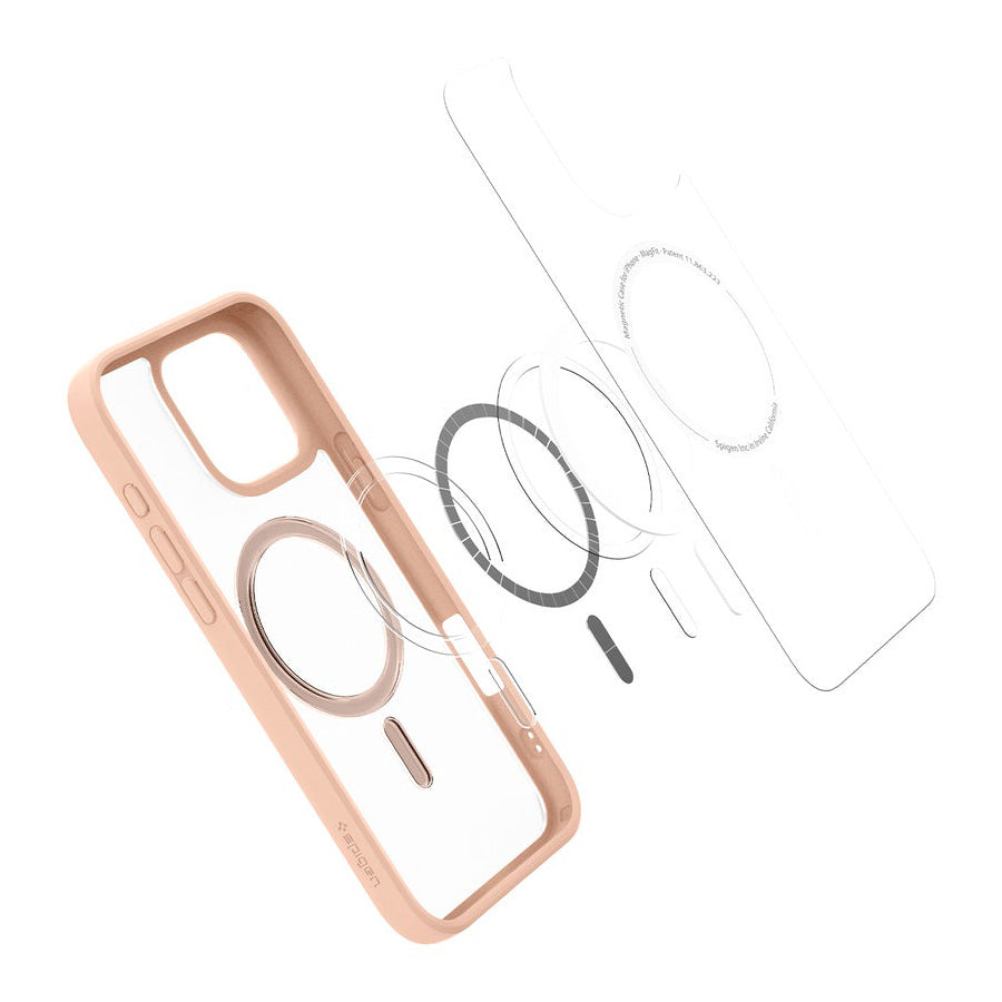 Handyhülle für iPhone 16 Pro, Spigen Ultra Hybrid Mag mit MagSafe, Durchscheinend-Rosa