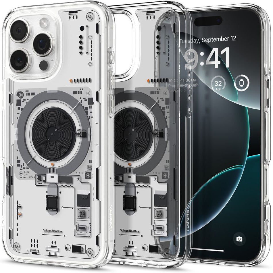 Handyhülle für iPhone 16 Pro, Spigen Ultra Hybrid Mag mit MagSafe, Transparent-Gemustert (Neo One)