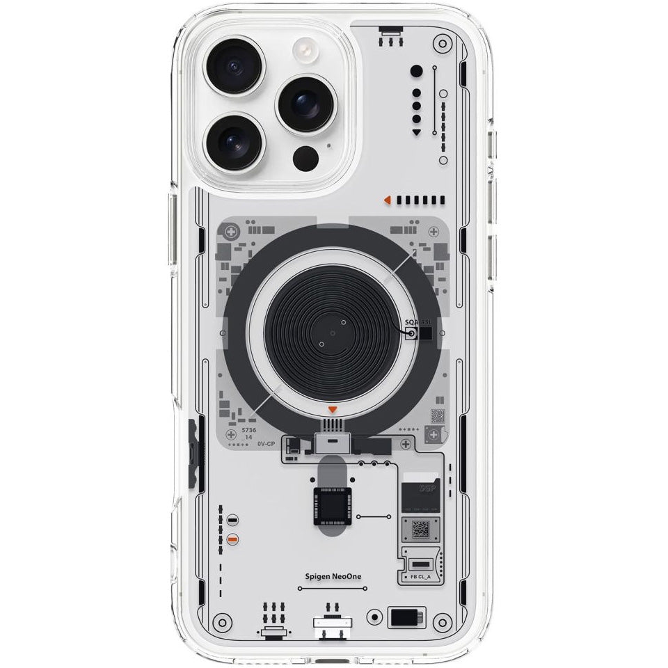 Handyhülle für iPhone 16 Pro, Spigen Ultra Hybrid Mag mit MagSafe, Transparent-Gemustert (Neo One)