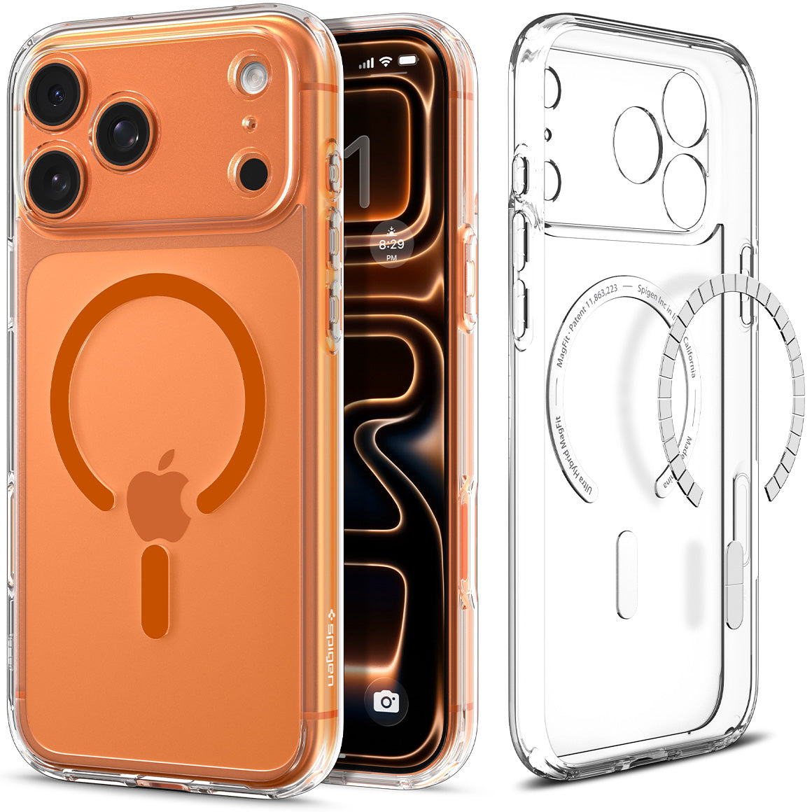 Handyhülle für iPhone 17 Pro, Spigen Ultra Hybrid Mag mit MagSafe, Transparent-Orange