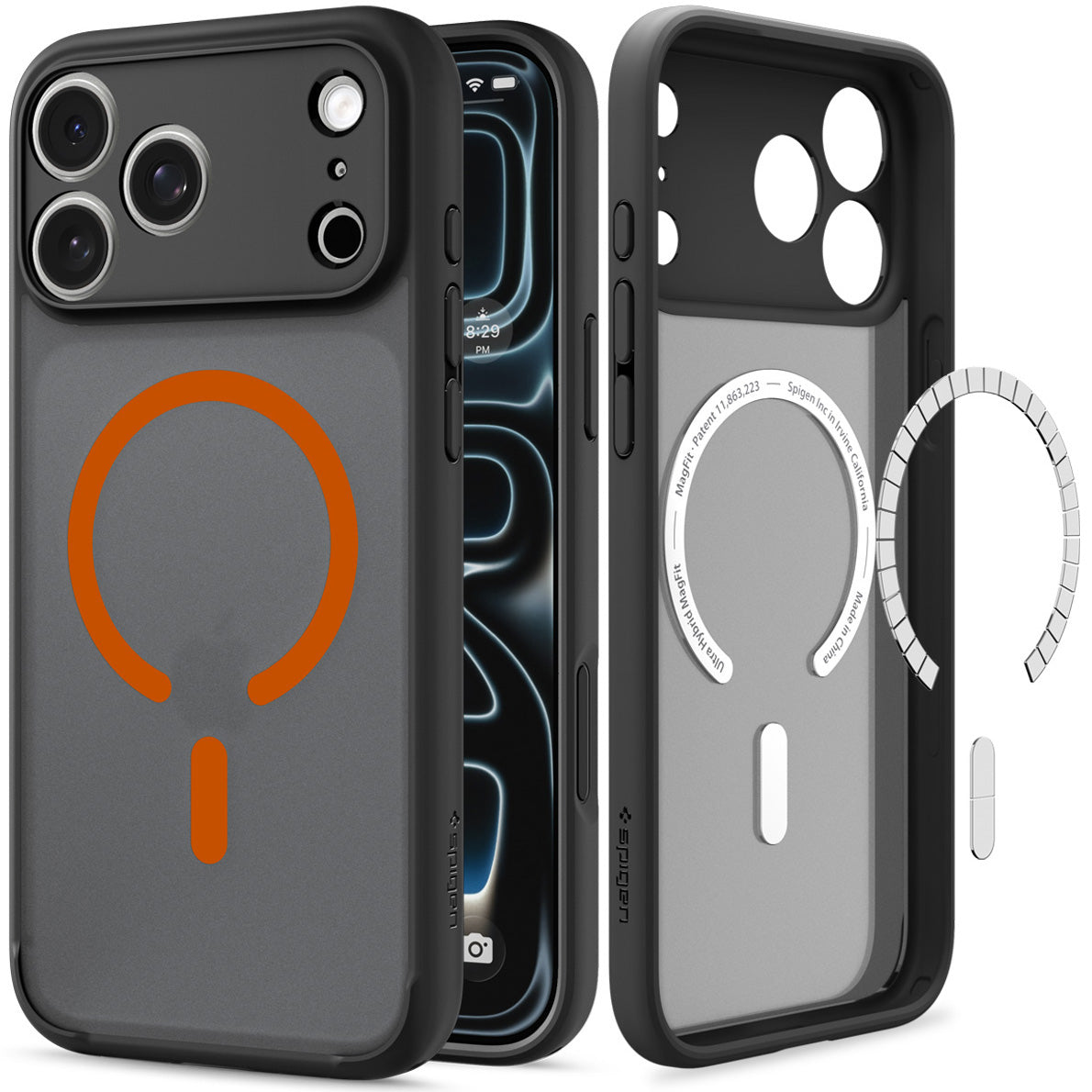 Handyhülle für iPhone 18 Pro Max, Spigen Ultra Hybrid Mag mit MagSafe, Durchscheinend-Schwarz-Orange (7/16)