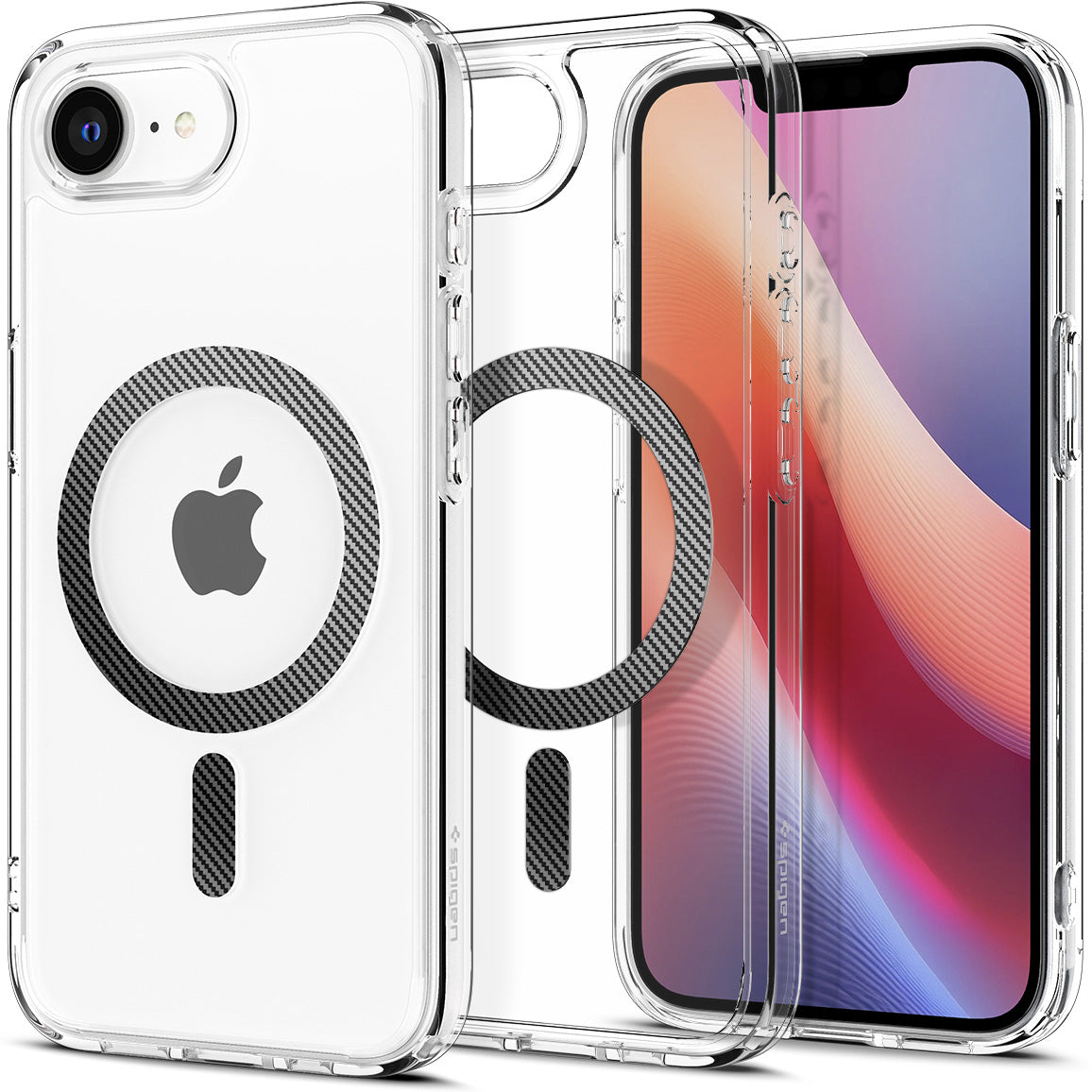 Handyhülle für iPhone 17e / 16e, Spigen Ultra Hybrid Mag mit MagSafe, Transparent-Schwarz-Karbonmuster