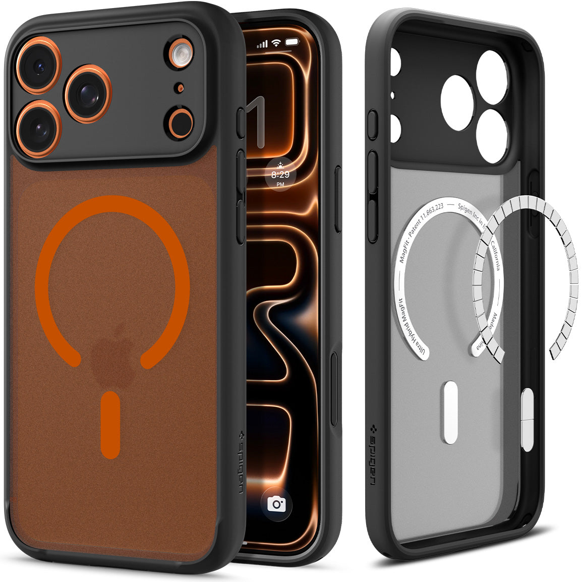 Handyhülle für iPhone 17 Pro Max, Spigen Ultra Hybrid Mag mit MagSafe, Durchscheinend-Schwarz-Orange