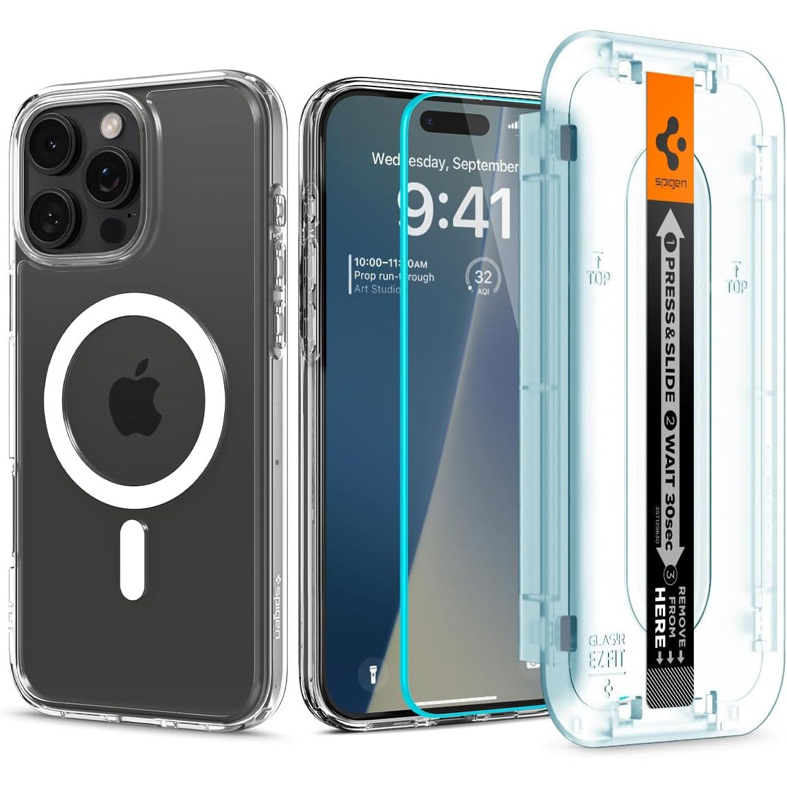 Handyhülle + Glas 9H für iPhone 16 Pro Max, Spigen Ultra Hybrid Mag Pack mit MagSafe, Transparent-Weiß