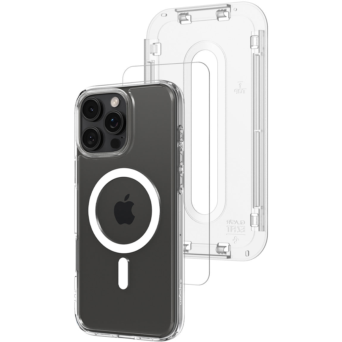Handyhülle + Glas 9H für iPhone 16 Pro Max, Spigen Ultra Hybrid Mag Pack mit MagSafe, Transparent-Weiß