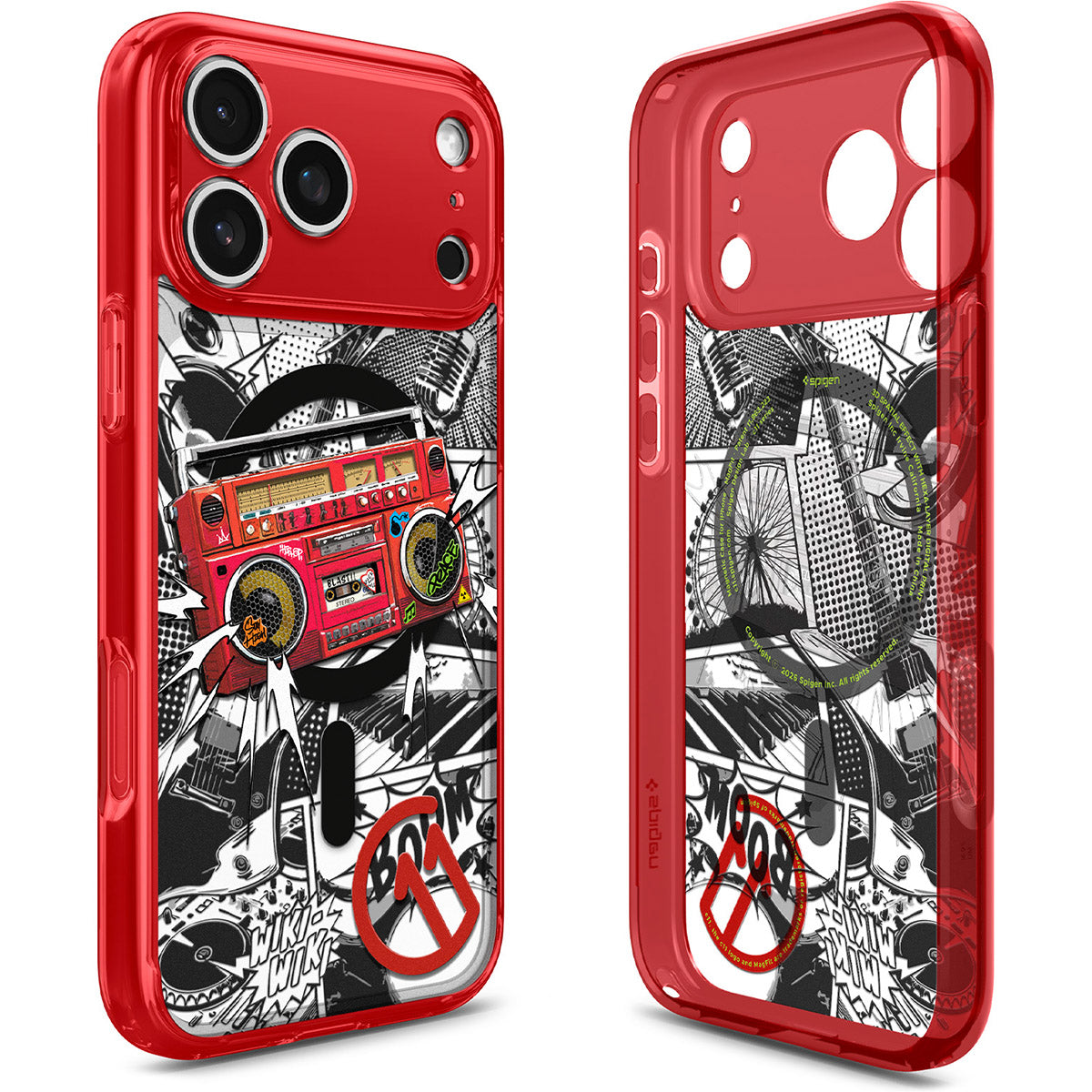 Handyhülle für iPhone 17 Pro Max, Spigen Ultra Hybrid T Mag (CC) mit MagSafe, Rot-Gemustert (C11 Blast)
