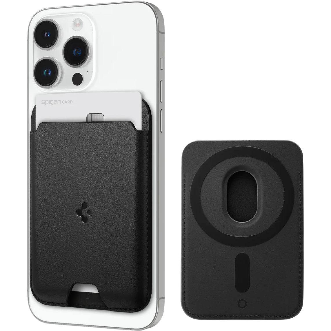 Kartenetui mit MagSafe Spigen Valentinus Mag Fit, veganem Leder, Schwarz
