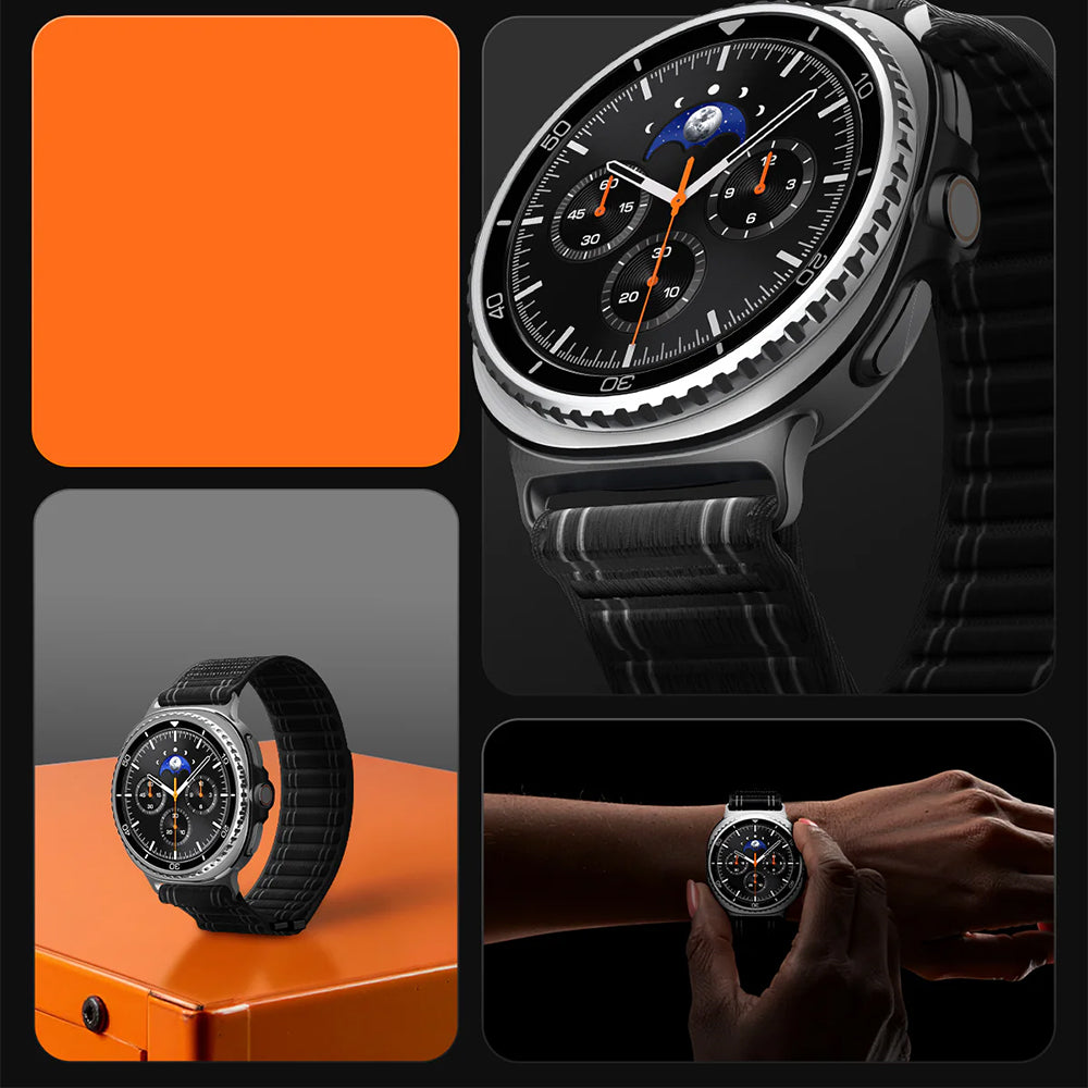 Nylon Armband für Galaxy Watch 9 40 mm / 44 mm / 8 40 mm / 44 mm / 8 Classic 46 mm, Spigen WBF0, Schwarz