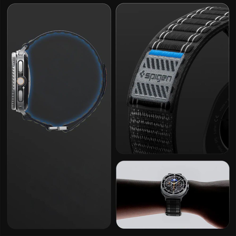 Nylon Armband für Galaxy Watch 9 40 mm / 44 mm / 8 40 mm / 44 mm / 8 Classic 46 mm, Spigen WBF0, Schwarz