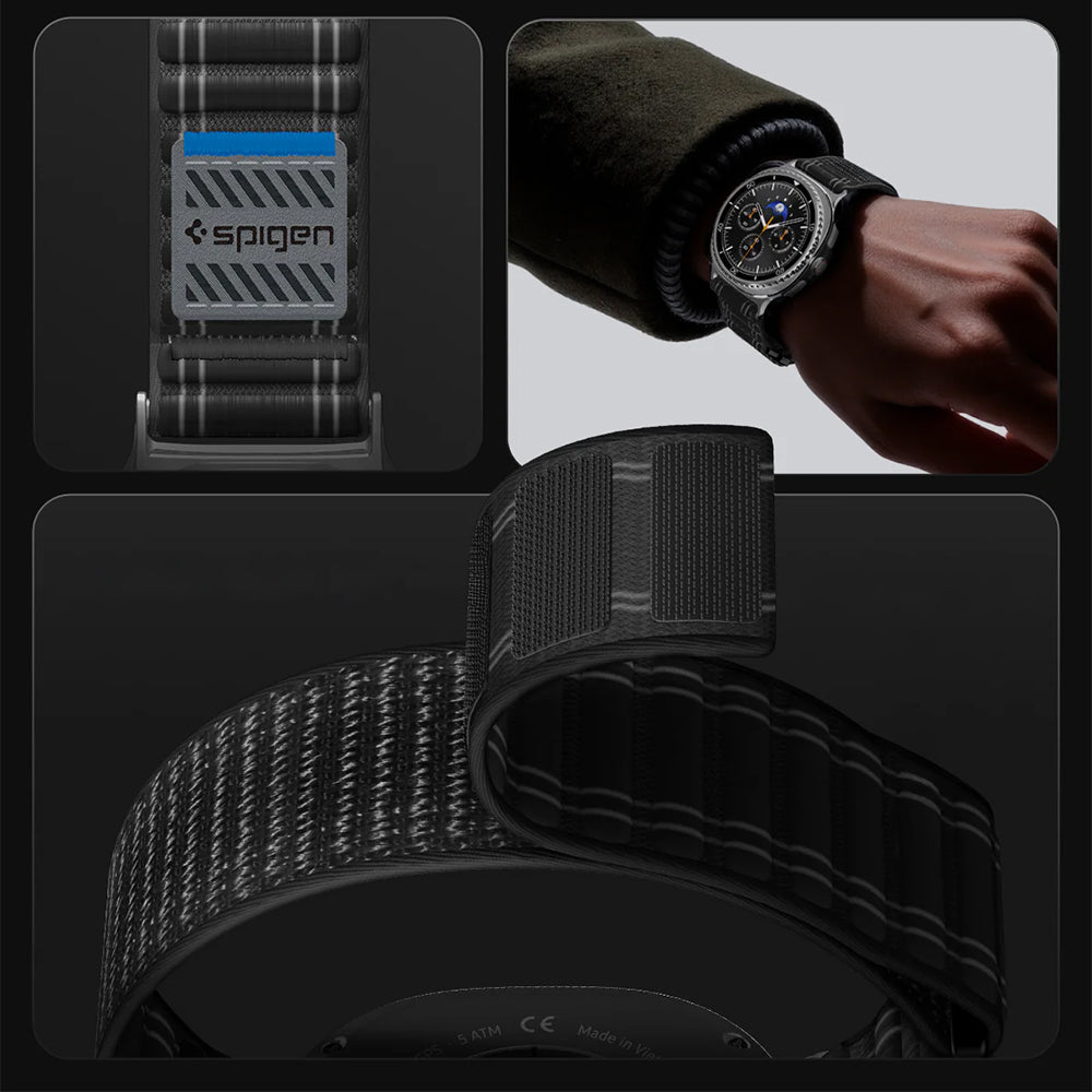 Nylon Armband für Galaxy Watch 9 40 mm / 44 mm / 8 40 mm / 44 mm / 8 Classic 46 mm, Spigen WBF0, Schwarz