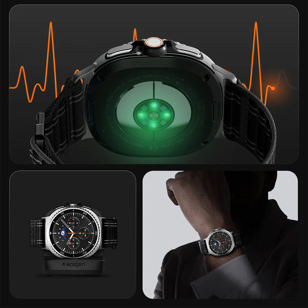 Nylon Armband für Galaxy Watch 9 40 mm / 44 mm / 8 40 mm / 44 mm / 8 Classic 46 mm, Spigen WBF0, Schwarz
