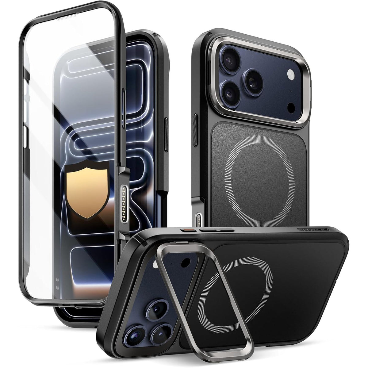 Handyhülle + Glas 9H für iPhone 17 Pro, Supcase i-Blason Ares Flip Mag SPG (CC) mit MagSafe, Schwarz-Grau