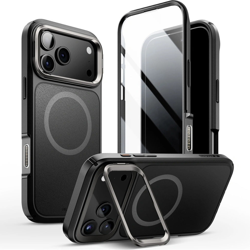 Handyhülle + Glas 9H für iPhone 17 Pro, Supcase i-Blason Ares Flip Mag SPG (CC) mit MagSafe, Schwarz-Grau