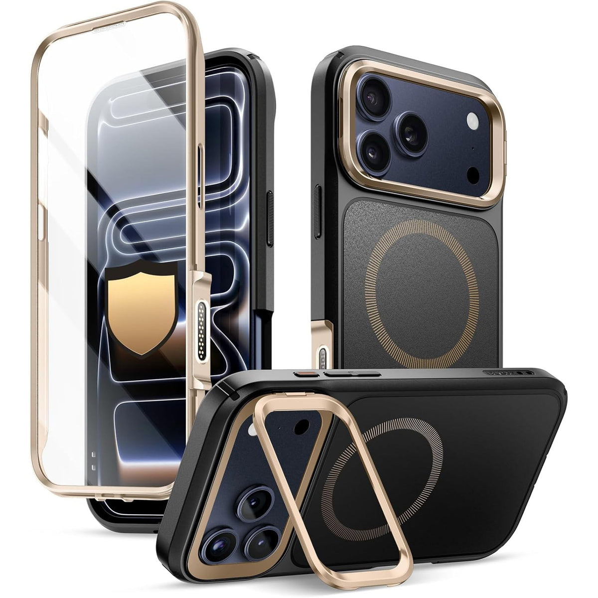 Handyhülle + Glas 9H für iPhone 17 Pro, Supcase i-Blason Ares Flip Mag SPG (CC) mit MagSafe, Schwarz-Golden