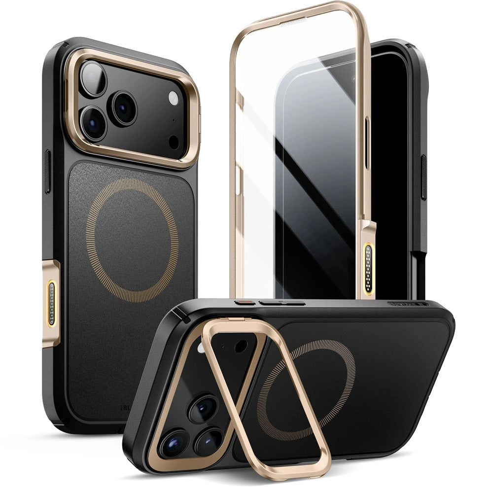 Handyhülle + Glas 9H für iPhone 17 Pro, Supcase i-Blason Ares Flip Mag SPG (CC) mit MagSafe, Schwarz-Golden