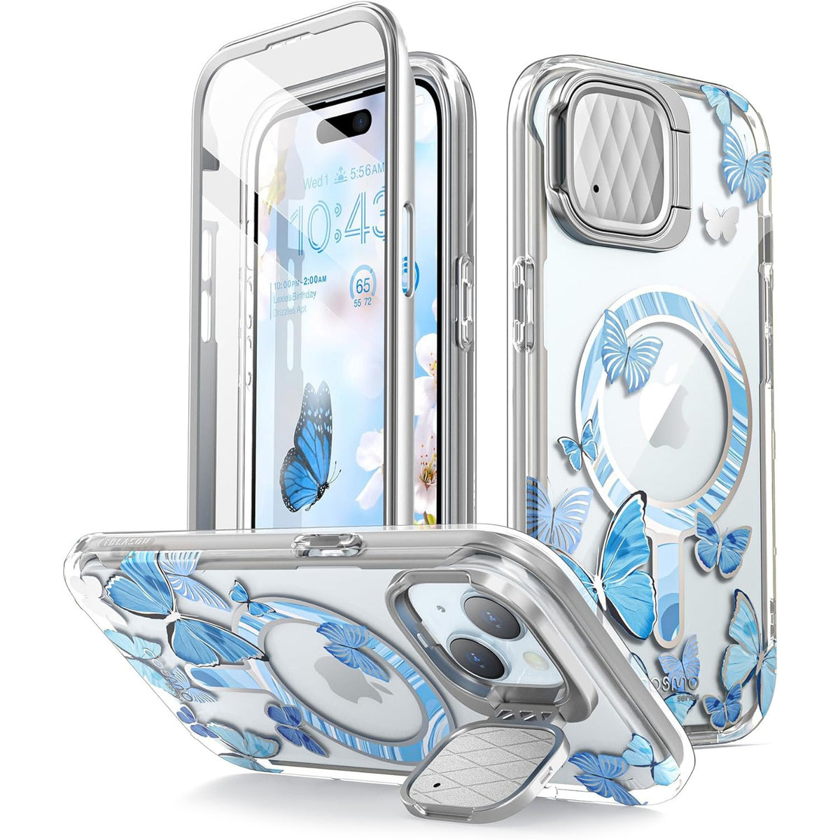 Schutzhülle für iPhone 15, Supcase i-Blason Cosmo Mag SP Stand für MagSafe, Transparent-Blau mit Schmetterlingen