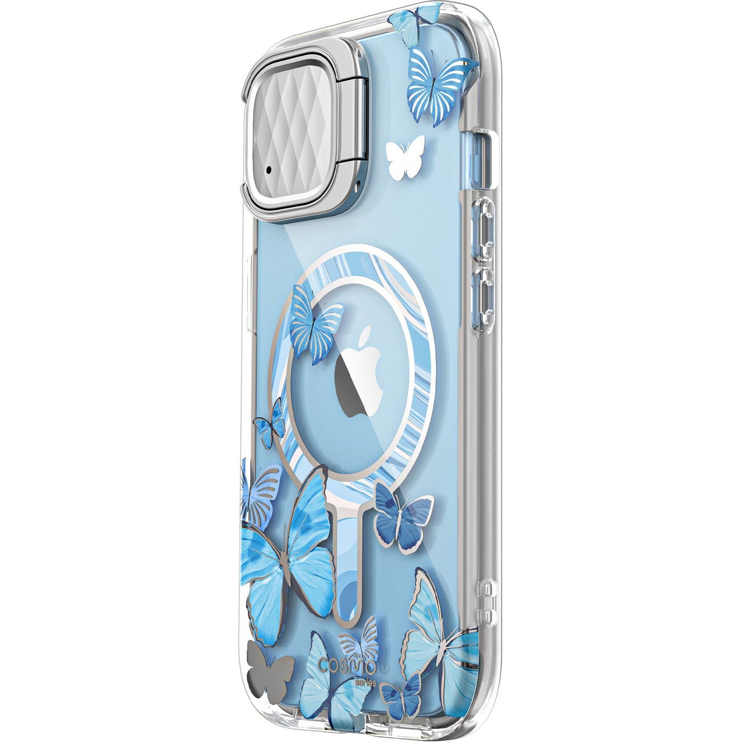 Schutzhülle für iPhone 15, Supcase i-Blason Cosmo Mag SP Stand für MagSafe, Transparent-Blau mit Schmetterlingen