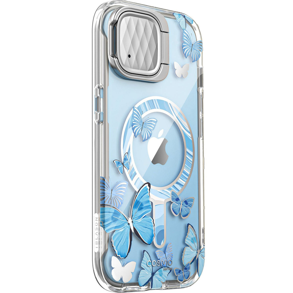 Schutzhülle für iPhone 15, Supcase i-Blason Cosmo Mag SP Stand für MagSafe, Transparent-Blau mit Schmetterlingen