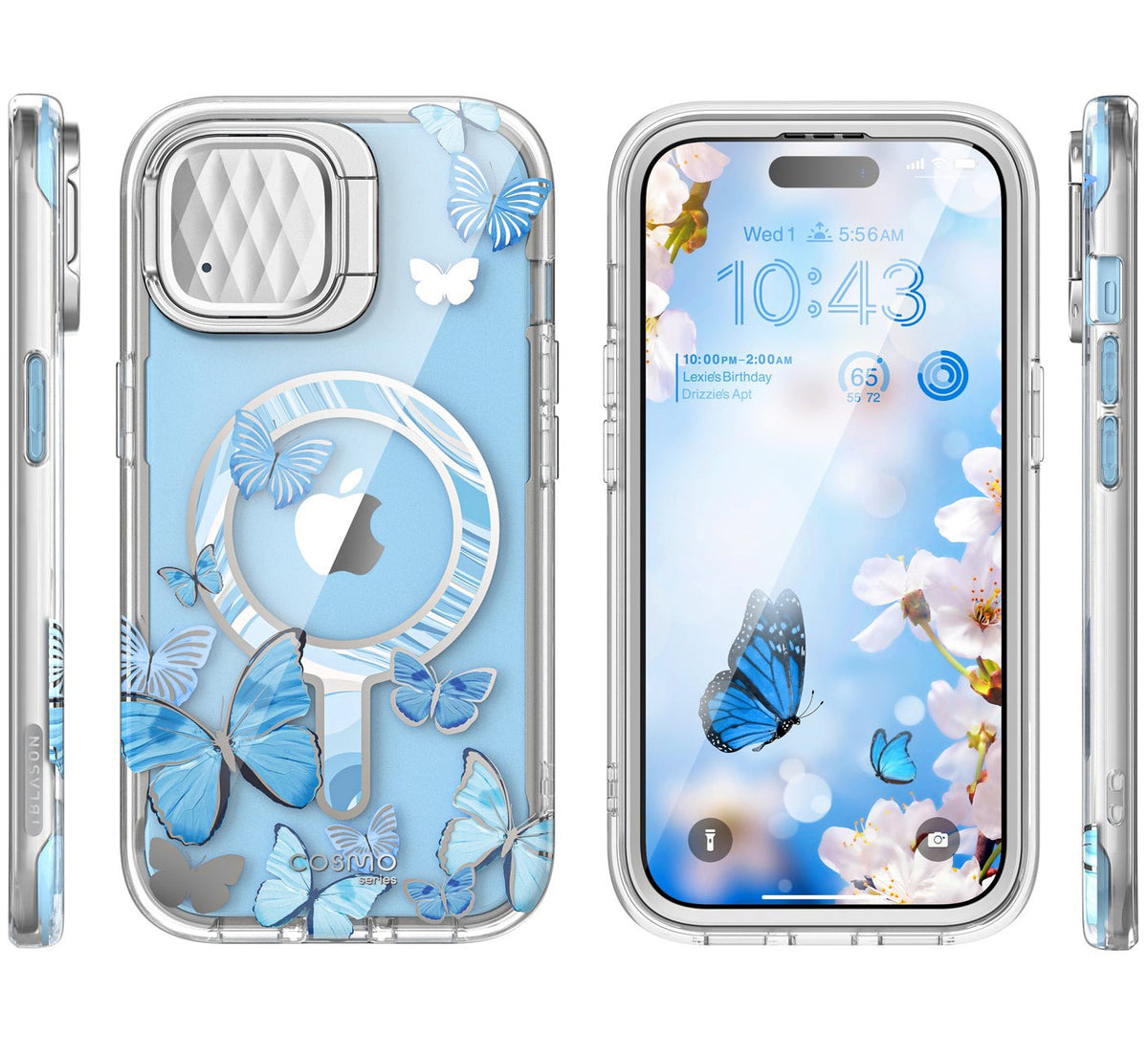 Schutzhülle für iPhone 15, Supcase i-Blason Cosmo Mag SP Stand für MagSafe, Transparent-Blau mit Schmetterlingen