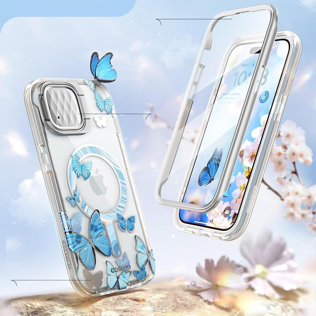 Schutzhülle für iPhone 15, Supcase i-Blason Cosmo Mag SP Stand für MagSafe, Transparent-Blau mit Schmetterlingen