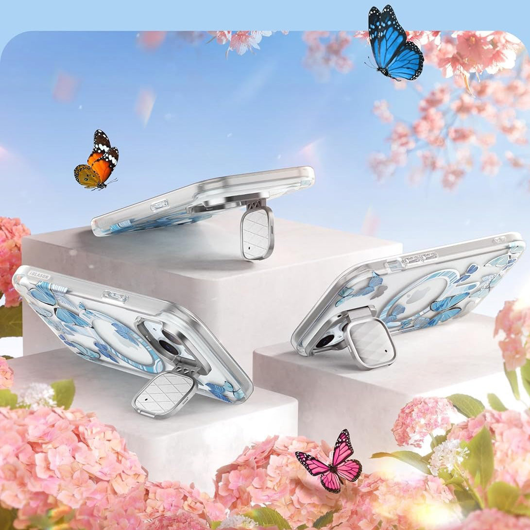 Schutzhülle für iPhone 15, Supcase i-Blason Cosmo Mag SP Stand für MagSafe, Transparent-Blau mit Schmetterlingen