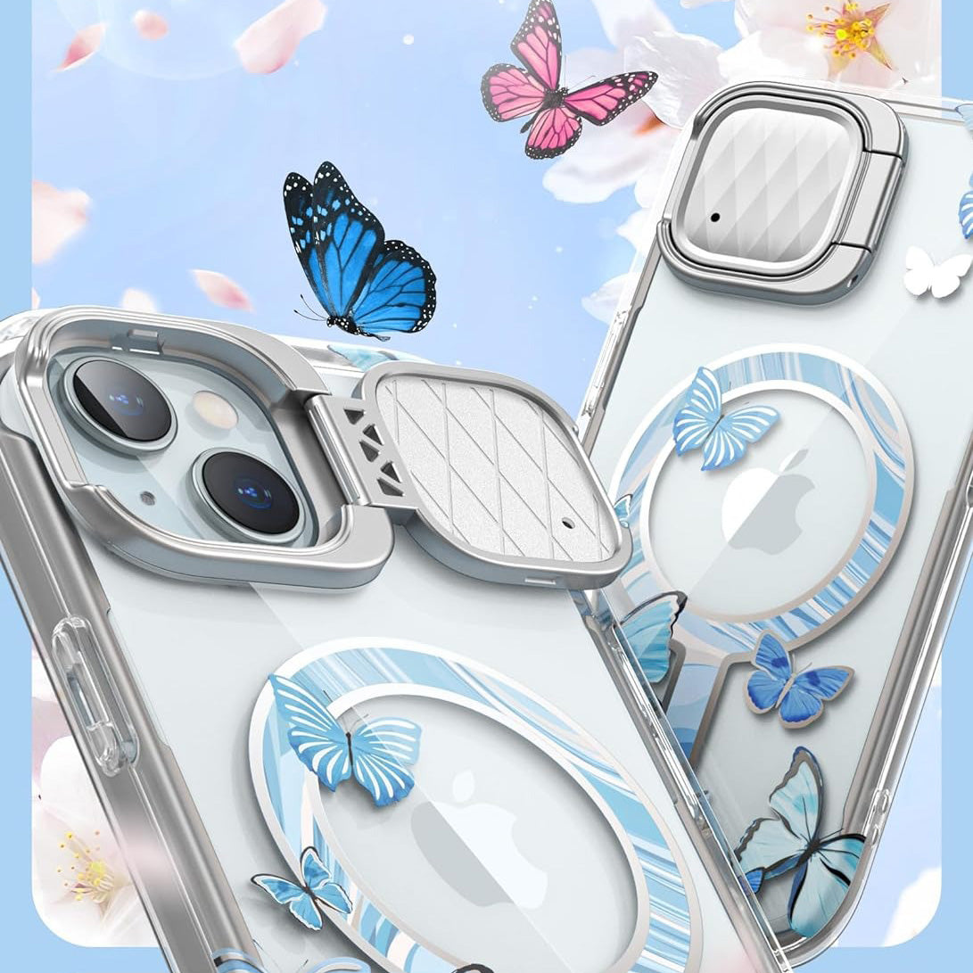 Schutzhülle für iPhone 15, Supcase i-Blason Cosmo Mag SP Stand für MagSafe, Transparent-Blau mit Schmetterlingen