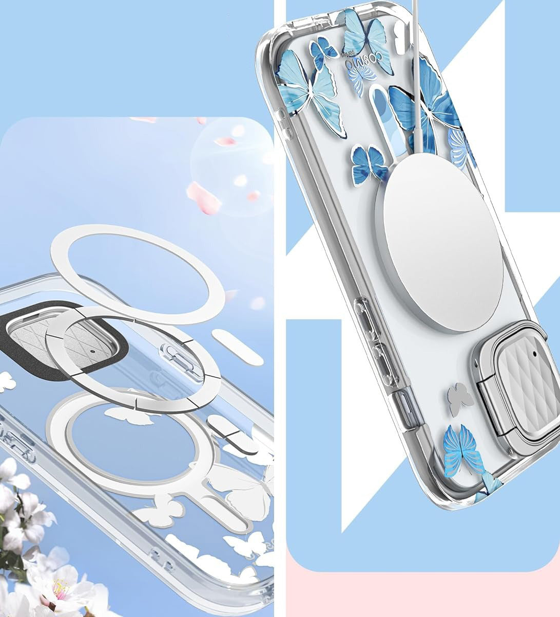 Schutzhülle für iPhone 15, Supcase i-Blason Cosmo Mag SP Stand für MagSafe, Transparent-Blau mit Schmetterlingen