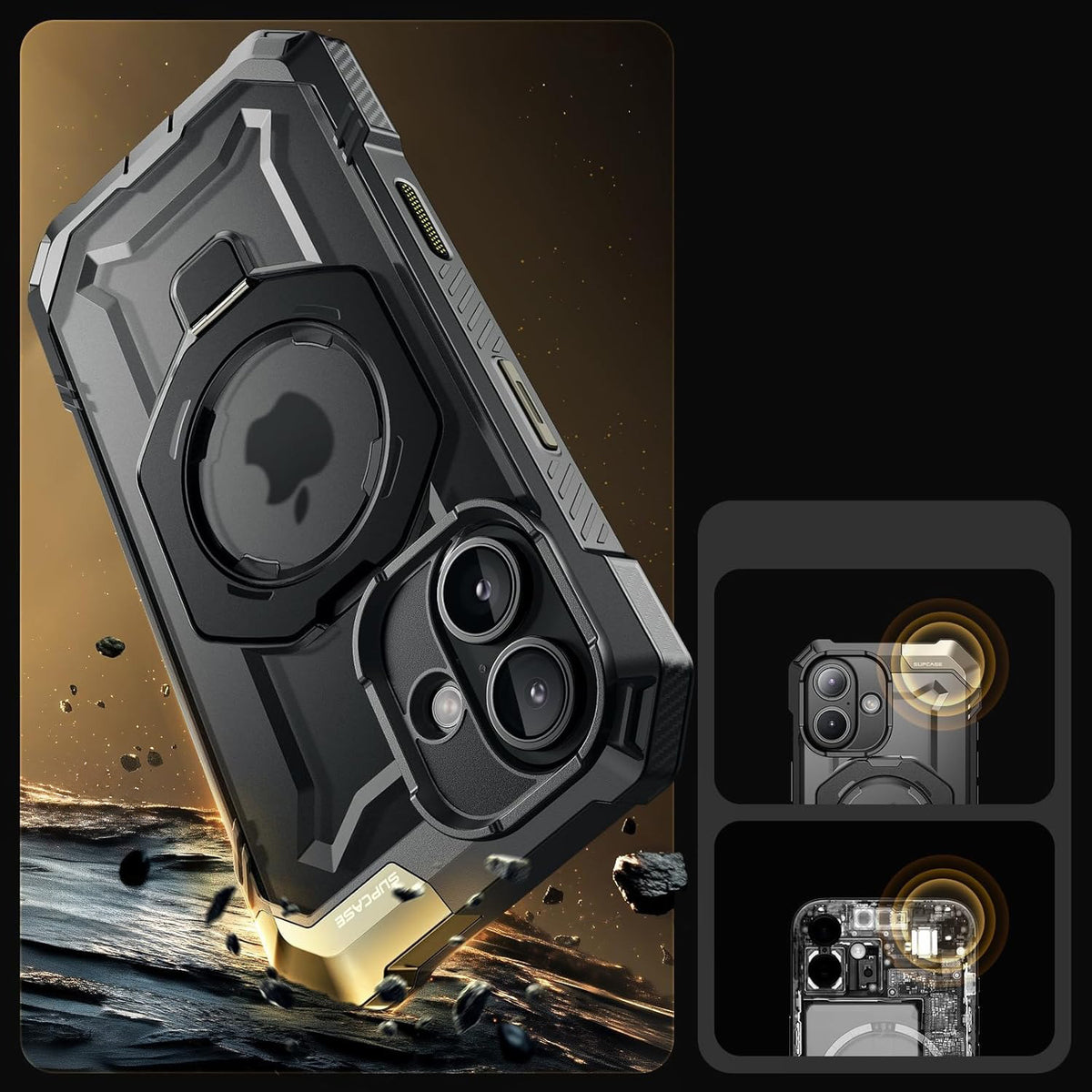 Handyhülle für iPhone 16, Supcase UB Grip Mag mit MagSafe (CC), Schwarz-Transparent