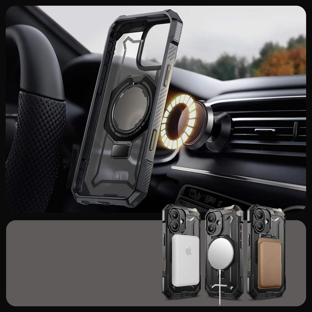 Handyhülle für iPhone 16, Supcase UB Grip Mag mit MagSafe (CC), Schwarz-Transparent