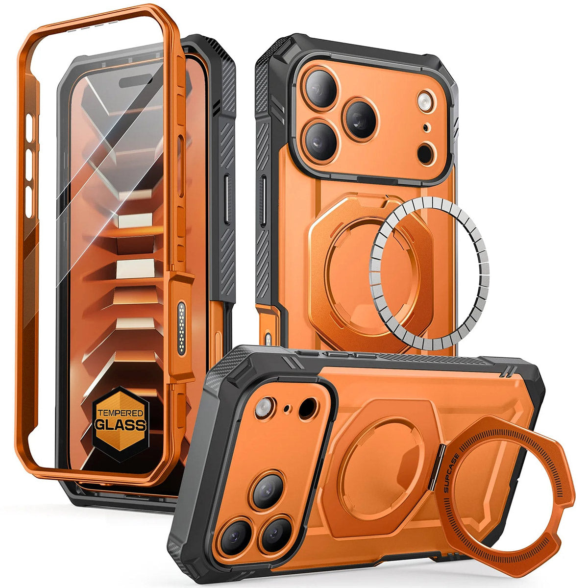 Handyhülle + Glas 9H für iPhone 18 Pro / 17 Pro, Supcase UB Grip Pro Mag SPG (CC) mit MagSafe, Grau-Transparent-Orange (1/12)