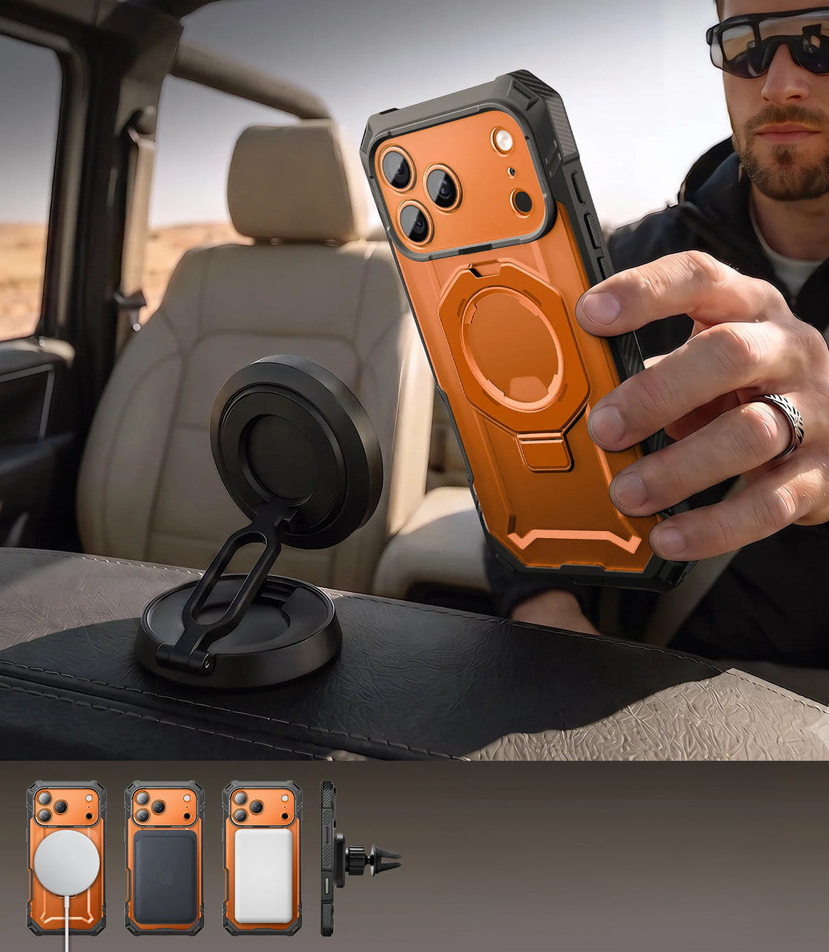 Handyhülle + Glas 9H für iPhone 18 Pro / 17 Pro, Supcase UB Grip Pro Mag SPG (CC) mit MagSafe, Grau-Transparent-Orange (6/12)