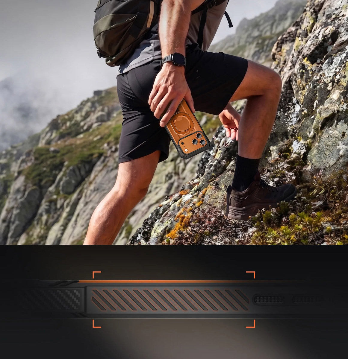 Handyhülle + Glas 9H für iPhone 18 Pro / 17 Pro, Supcase UB Grip Pro Mag SPG (CC) mit MagSafe, Grau-Transparent-Orange (8/12)