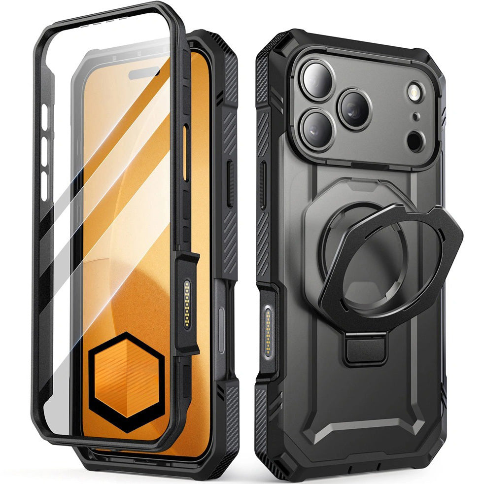 Handyhülle + Glas 9H für iPhone 17 Pro, Supcase UB Grip Pro Mag SPG (CC) mit MagSafe, Schwarz-Transparent