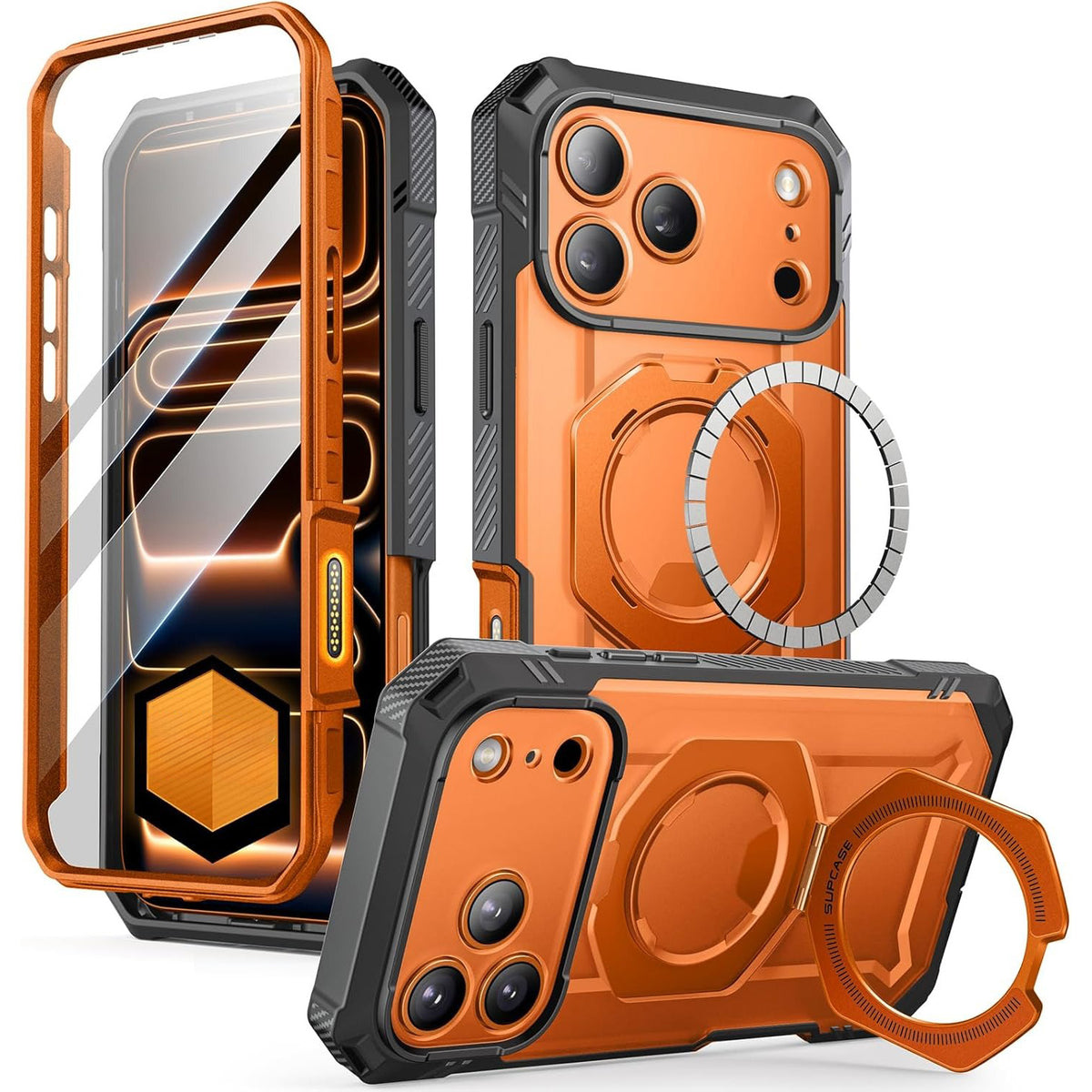 Handyhülle + Glas 9H für iPhone 17 Pro, Supcase UB Grip Pro Mag SPG (CC) mit MagSafe, Grau-Transparent-Orange