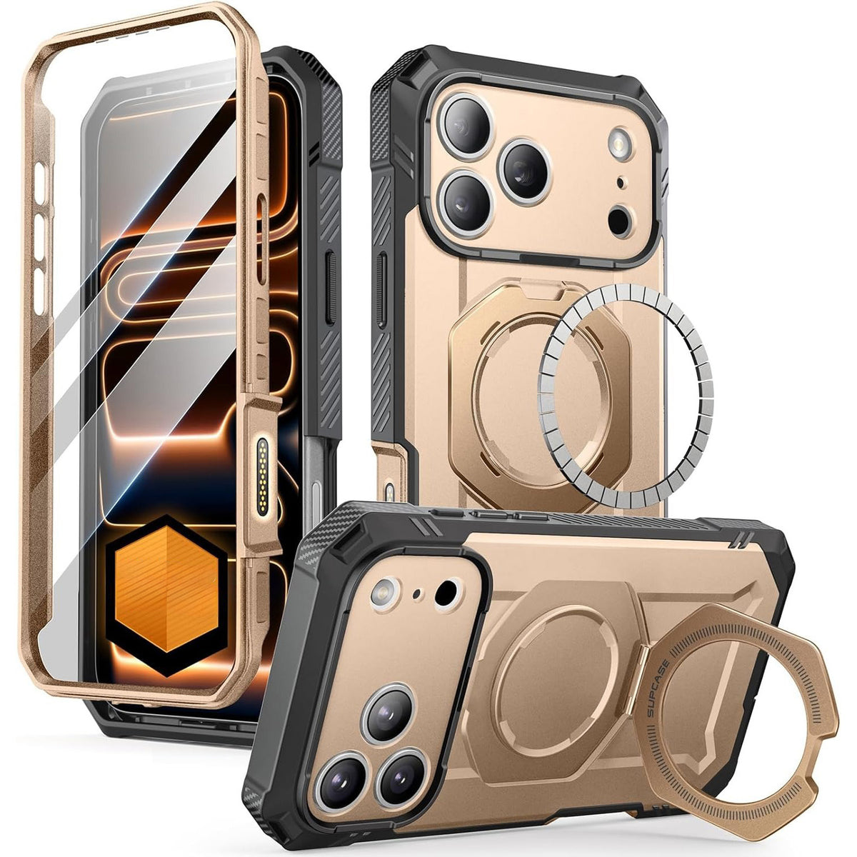 Handyhülle + Glas 9H für iPhone 17 Pro, Supcase UB Grip Pro Mag SPG (CC) mit MagSafe, Grau-Golden