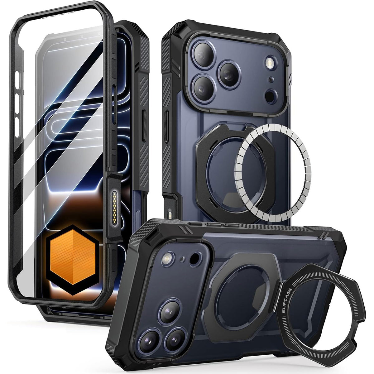 Handyhülle + Glas 9H für iPhone 17 Pro Max, Supcase UB Grip Pro Mag SPG (CC) mit MagSafe, Schwarz-Transparent