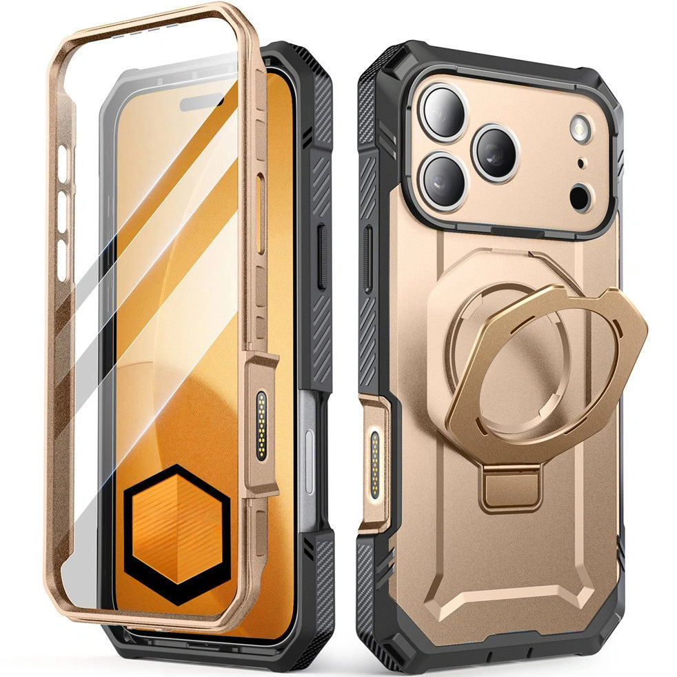 Handyhülle + Glas 9H für iPhone 17 Pro Max, Supcase UB Grip Pro Mag SPG (CC) mit MagSafe, Grau-Golden
